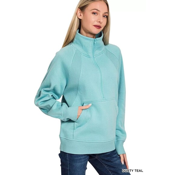 Zenana Tops - Zenana Half Zip Fleece Sweatshirt with kangaroo Pocket